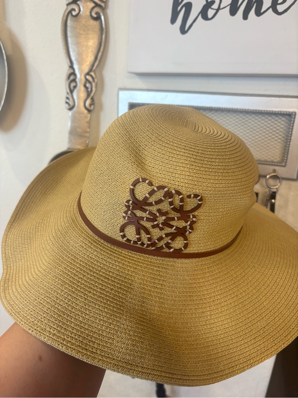 Loewe Yellow Straw Wide-Brim Hat with Leather Trim and Decorative Emblem - Picture 3 of 11